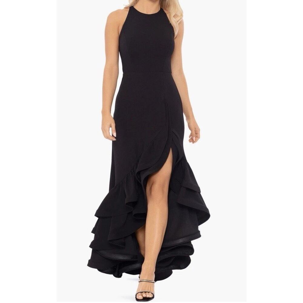 Betsy & Adam Black Ruffle Halter Crepe Gown Size 10 Slit